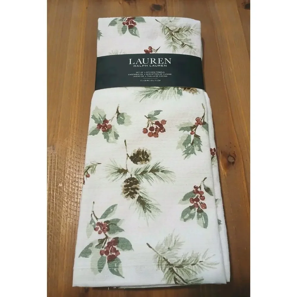 3-Pack Ralph Lauren Home Cotton Kitchen Towels Pinecones/Holly Multi 17x28 in
